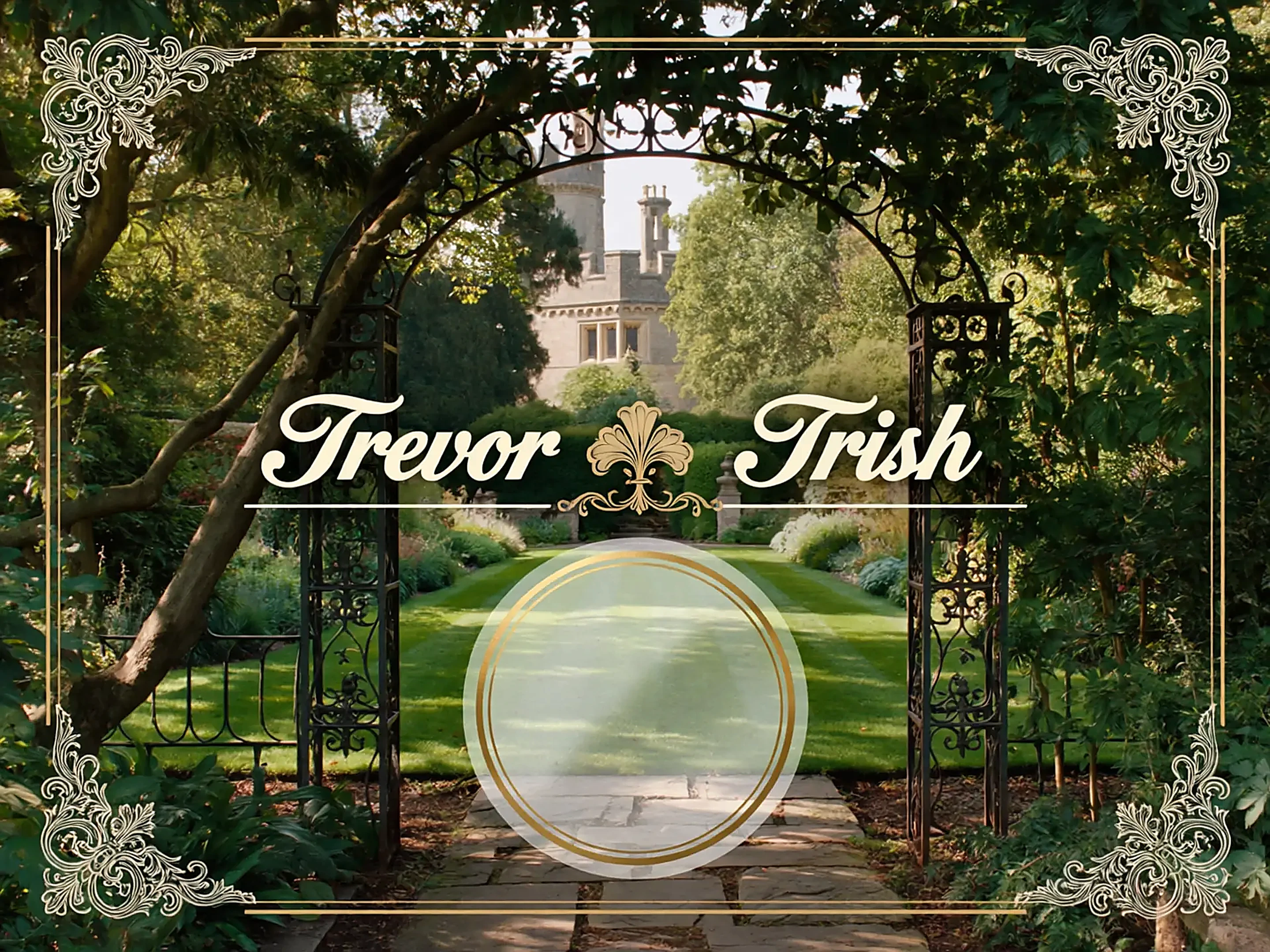 Trevor and Trish beneath an ornate garden arch
